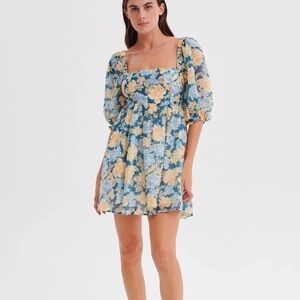 Blue Floral Square-Neck Puff-Sleeve Mini Dress